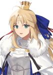  1girl absurdres ahoge armor armored_dress artoria_pendragon_(caster)_(fate) artoria_pendragon_(fate) blonde_hair blue_bow bow breastplate capelet commentary crown ddukbaegihunt dress eyebrows_visible_through_hair facial_mark fate/grand_order fate_(series) forehead_mark fur-trimmed_capelet fur_trim green_eyes hair_bow hair_ribbon highres long_hair looking_at_viewer mini_crown open_mouth red_ribbon ribbon sidelocks simple_background smile solo upper_body very_long_hair white_armor white_background white_capelet 