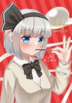  1girl arm_up bangs black_bow black_bowtie black_hairband blue_eyes blush bow bowtie breasts buttons closed_mouth collar collared_shirt eating english_text eyebrows_visible_through_hair food ghost grey_hair hairband hand_up highres jacket konpaku_youmu konpaku_youmu_(ghost) long_sleeves looking_at_viewer medium_breasts pocky pocky_day puffy_long_sleeves puffy_sleeves red_background rital shirt short_hair solo striped striped_background touhou upper_body white_shirt white_sleeves yellow_jacket yellow_sleeves 