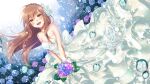  1girl blush bouquet breasts bride brown_eyes brown_hair cleavage dress eyebrows_visible_through_hair flower holding holding_bouquet hydrangea jewelry kirisita large_breasts lips long_hair looking_at_viewer necklace open_mouth original smile solo water_drop wedding_dress white_dress 