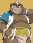  1boy ashigara_(housamo) bandaged_arm bandages bandaid bandaid_on_cheek bara bear_boy belly brown_fur bulge chest_hair cleavage_cutout clothing_cutout facial_hair fat fat_man feet_out_of_frame furry furry_male goatee green_hair highres jacket kirupi large_pectorals leg_hair male_focus mature_male mohawk muscular muscular_male nipple_slip nipples no_shirt open_clothes open_jacket pectorals plump short_hair solo stomach sumo thick_eyebrows thick_thighs thighs tokyo_afterschool_summoners track_jacket unzipped 