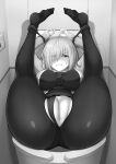  ! 1girl absurdres ass ass_focus bdsm blush bondage bound breasts clenched_teeth clothing_aside eyebrows_visible_through_hair eyes_visible_through_hair fate/grand_order fate_(series) greyscale hair_over_one_eye highres ijima_yuu indoors large_breasts legs_up long_sleeves looking_at_viewer mash_kyrielight monochrome necktie panties panties_aside panties_under_pantyhose pantyhose pussy pussy_cutout restrained short_hair solo teeth toilet torn_clothes torn_legwear underwear 