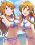  2girls :d absurdres ahoge bare_arms bare_shoulders bikini blonde_hair blue_bow blue_eyes blue_neckerchief blue_sailor_collar blue_sky blush bow braid breasts cleavage closed_mouth collarbone cowboy_shot day hand_up highres horizon idolmaster idolmaster_million_live! kousaka_umi leaning_forward lens_flare long_hair looking_at_viewer medium_breasts multiple_girls navel neckerchief ocean open_mouth outdoors purple_eyes sailor_bikini sailor_collar sailor_swimsuit_(idolmaster) shuucream_(syuichi) sky smile stomach swimsuit tokoro_megumi twin_braids v white_bikini 