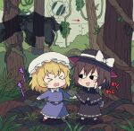  &gt;_&lt; &lt;o&gt;_&lt;o&gt; 2girls arrow_(symbol) bangs black_capelet black_eyes black_headwear black_skirt blonde_hair blush blush_stickers bow branch brown_footwear brown_hair buttons capelet chibi claws closed_eyes collared_dress commentary_request fedora full_body grass hat long_sleeves looking_at_another maribel_hearn mob_cap multiple_girls necktie open_mouth plant re_ghotion red_necktie ribbon-trimmed_capelet ribbon-trimmed_skirt ribbon_trim scared shirt short_hair skirt socks standing touhou tree trojan_green_asteroid usami_renko vines white_headwear white_legwear white_shirt window wing_collar 