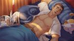  1boy abs animal bara bare_pectorals bed book brown_hair cat closed_eyes drooling gyee highres large_pectorals lying male_focus mike_(gyee) muscular muscular_male navel nipples official_art on_back on_bed open_book open_clothes open_mouth open_shirt pectorals pillow shirt short_hair sleeping stuffed_animal stuffed_cat stuffed_toy under_covers undercut white_shirt zifu 