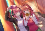  2girls ahoge arm_up arms_up bangs black_cardigan black_ribbon blue_eyes blunt_bangs blush breasts butterfly_hair_ornament cardigan cellphone da-cart dango food food_in_mouth forest go-toubun_no_hanayome green_skirt hair_ornament holding holding_food large_breasts light_rays long_hair long_sleeves multiple_girls multiple_torii nakano_itsuki nakano_nino nature one_eye_closed open_cardigan open_clothes outdoors pancake phone pink_hair red_hair red_vest ribbon selfie shiny shiny_hair shirt siblings sisters skirt smartphone smartphone_case smile star_(symbol) star_hair_ornament taking_picture tongue tongue_out torii twintails v vest wagashi white_shirt 