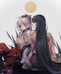  25068 2girls back bangs black_hair blouse bow breasts buttons closed_mouth collar collared_shirt eyebrows_visible_through_hair fujiwara_no_mokou gradient gradient_hair hair_bow highres houraisan_kaguya long_hair long_sleeves looking_at_another looking_to_the_side medium_breasts moon multicolored_bow multicolored_hair multiple_girls ofuda ofuda_on_clothes pants pink_blouse puffy_sleeves red_bow red_eyes red_pants red_skirt shirt silver_hair sitting skirt smile touhou very_long_hair white_bow white_hair white_shirt wide_sleeves 