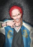  1boy chain ear_piercing eyelashes fangs grey_background harai_kuuko highres hypnosis_mic jacket japanese_clothes jewelry letterman_jacket long_sleeves looking_at_viewer male_focus necklace piercing red_hair ring short_hair smile solo spiked_hair taiyou teeth yellow_eyes 