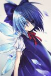  1girl blue_bow blue_eyes blue_hair bow cirno eyebrows_visible_through_hair eyes_visible_through_hair hair_bow hair_over_eyes ice ice_wings kirisita looking_at_viewer short_hair solo touhou wings 