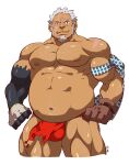  1boy abs absurdres amatsumara_(housamo) bara belly black_skin bulge chest_hair colored_skin cropped_legs dark-skinned_male dark_skin eyebrow_cut facial_hair fat fat_man goatee heterochromia highres kirupi large_pectorals leg_hair loincloth long_sideburns male_focus male_underwear mature_male muscular muscular_male navel navel_hair nipples old old_man pectorals pelvic_curtain red_eyes red_male_underwear scar scar_across_eye short_hair sideburns smile solo stomach stubble thick_eyebrows thick_thighs thighs tokyo_afterschool_summoners topless_male underwear underwear_only 