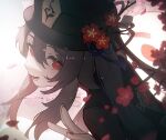  1girl bangs black_headwear black_ribbon blue_ribbon brown_hair chinese_clothes flower flower-shaped_pupils from_behind genshin_impact hair_between_eyes hat hat_flower hat_ribbon hu_tao_(genshin_impact) long_hair looking_at_viewer looking_back open_mouth petals plum_blossoms red_eyes red_flower ribbon sidelocks solo symbol-shaped_pupils tassel upper_body zhiyan_li 
