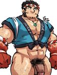  1boy abs arm_hair bara bottomless chest_hair fangs flaccid forked_eyebrows hachimaki hairy happi headband highres japanese_clothes kirupi large_pectorals leg_hair long_sideburns magatama magatama_necklace male_focus male_pubic_hair mature_male muscular muscular_male navel navel_hair nejiri_hachimaki nipples pectoral_cleavage pectorals pubic_hair short_hair sideburns smile solo stomach tajikarao_(housamo) thick_eyebrows thick_thighs thighs tokyo_afterschool_summoners veins 