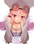  1girl absurdres animal_print blush closed_mouth collarbone cow_print fate/grand_order fate_(series) fingerless_gloves flat_chest gloves habetrot_(fate) hat highres hood hoodie kawa_mura lactation lactation_through_clothes looking_at_viewer open_clothes pink_eyes pink_hair pointy_ears solo sweat thighhighs wavy_mouth zettai_ryouiki 