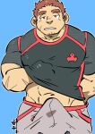  1boy abs alternate_costume bara black_shirt brown_hair bulge casual clothes_lift erection erection_under_clothes grey_pants gunzo_(housamo) half-closed_eyes hand_under_clothes hand_under_shirt kirupi large_pectorals lifted_by_self looking_at_viewer male_focus mature_male midriff_peek muscular muscular_male navel pants pectorals scar scar_on_cheek scar_on_face shirt shirt_lift short_hair sideburns solo stomach thick_eyebrows tokyo_afterschool_summoners 