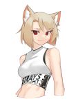  1girl animal_ears bare_shoulders cat_ears crop_top cropped_arms cropped_torso deel_(rkeg) ear_piercing highres lisa_(deel) looking_at_viewer midriff original piercing red_eyes shirt short_hair simple_background sleeveless sleeveless_shirt smirk solo upper_body white_background white_shirt 