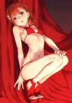  1girl bikini breasts brown_eyes brown_hair flower full_body hair_flower hair_ornament hairclip halterneck high_heels looking_at_viewer misaka_mikoto raika9 red_bikini red_curtains red_footwear red_theme short_hair small_breasts solo squatting string_bikini swimsuit tiptoes toaru_kagaku_no_railgun toaru_majutsu_no_index toeless_footwear twitter_username 