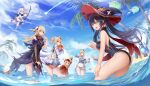  6+girls :d absurdres adapted_costume adjusting_hair ahoge alternate_costume arm_up ass asymmetrical_legwear asymmetrical_sleeves backpack bag ball bangs barbara_(genshin_impact) barbara_(summertime_sparkle)_(genshin_impact) beach bent_over black_hair blue_eyes blue_sky blurry bow brown_gloves brown_scarf cabbie_hat cloud cloudy_sky clover_print coat coconut_tree comet commentary_request depth_of_field dress drill_hair earrings eyebrows_visible_through_hair eyepatch fischl_(genshin_impact) fishing fishing_rod floating genshin_impact gloves hair_between_eyes hair_bow hair_ornament hair_ribbon hat hat_feather hat_ornament high_heels highres holding holding_ball holding_clothes holding_fishing_rod holding_footwear horizon iuidd jean_(genshin_impact) jean_(sea_breeze_dandelion)_(genshin_impact) jewelry jumpy_dumpty klee_(genshin_impact) leotard light_brown_hair long_hair long_sleeves looking_at_viewer low_twintails mechanical_halo mismatched_legwear mismatched_sleeves mona_(genshin_impact) multiple_girls ocean official_alternate_costume paimon_(genshin_impact) palm_tree pocket pointy_ears ponytail randoseru red_coat red_headwear ribbon scarf seelie_(genshin_impact) short_hair sidelocks sky slime_(genshin_impact) smile strapless strapless_leotard tree twintails two_side_up vision_(genshin_impact) wading white_dress white_hair witch_hat 