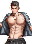  1boy abs bara bare_pectorals black_hair black_pants blue_shirt chest_tattoo closed_mouth ear_piercing facial_hair greenteaa highres jewelry large_pectorals looking_to_the_side male_focus multicolored_hair muscular muscular_male navel necklace nipple_piercing nipples open_clothes open_shirt original pants pectorals piercing red_hair scar scar_across_eye scar_on_cheek scar_on_face shirt short_hair shoulder_tattoo solo streaked_hair tattoo undercut white_background 
