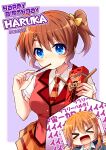  &gt;_&lt; 2girls :d birthday blue_eyes breasts brown_hair character_name commentary dated eating english_text eyebrows_visible_through_hair food glowstick hair_ornament happy_birthday konoe_haruka konoe_kanata long_hair love_live! love_live!_nijigasaki_high_school_idol_club medium_breasts multiple_girls orange_hair pocky pocky_day siblings sisters smile tekehiro translation_request twintails upper_body wavy_hair xd 