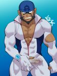  1boy archie_(pokemon) bara beard blue_bandana bodysuit bulge come_hither crotch_grab dark-skinned_male dark_skin erection erection_under_clothes facial_hair highres kirupi long_sleeves male_focus mature_male muscular muscular_male mustache pectoral_cleavage pectorals pokemon pokemon_(game) pokemon_masters_ex popped_collar seductive_smile see-through short_hair smile solo thick_thighs thighs torn_bodysuit torn_clothes wetsuit white_bodysuit 