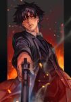  1boy black_shirt coat emiya_kiritsugu empty_eyes expressionless facial_hair fate/zero fate_(series) formal gun handgun hungry_clicker male_focus shirt short_hair smoke_trail solo spiked_hair stubble suit weapon 