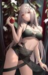  1girl apple arknights bangs bare_arms bare_shoulders breasts cleavage commentary_request cowboy_shot food fruit hand_up head_tilt holding holding_food holding_fruit horns jewelry long_hair looking_at_viewer medium_breasts mudrock_(arknights) mudrock_(silent_night)_(arknights) navel necklace official_alternate_costume oripathy_lesion_(arknights) parted_lips partial_commentary pointy_ears red_eyes shawl silver_hair solo standing stomach thighs urano_ura very_long_hair 