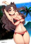  1girl alternate_breast_size arm_behind_head arm_up armpits bikini black_bikini blue_eyes breasts brown_hair cleavage collarbone cowboy_shot day english_commentary eyebrows_visible_through_hair fanbox_username fate/kaleid_liner_prisma_illya fate/stay_night fate_(series) frilled_bikini frills grin highres huge_breasts long_hair looking_at_viewer navel outdoors smile solo swimsuit thick_thighs thighs tohsaka_rin two_side_up virus-g 