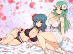  2girls alternate_costume ass bikini black_bikini black_swimsuit blue_eyes breasts byleth_(fire_emblem) byleth_(fire_emblem)_(female) cleavage dress_swimsuit feet_out_of_frame fire_emblem fire_emblem:_three_houses fire_emblem_heroes flower green_eyes green_hair hair_flower hair_ornament hibiscus large_breasts long_hair lying multiple_girls navel official_alternate_costume on_side rhea_(fire_emblem) sandals swimsuit thighlet virus-g white_bikini white_swimsuit 