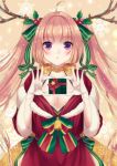  1girl ahoge antlers bell box breasts christmas cleavage gift gift_box gloves holding holding_gift kirisita large_breasts long_hair looking_at_viewer original pink_hair purple_eyes santa_costume solo twintails white_gloves 