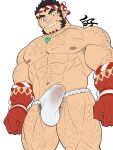  1boy abs arm_hair bara bulge chest_hair erection erection_under_clothes excessive_pubic_hair fangs feet_out_of_frame fundoshi grin hachimaki hairy headband highres japanese_clothes kirupi large_pectorals leg_hair long_sideburns magatama magatama_necklace male_focus male_underwear mature_male muscular muscular_male navel navel_hair nejiri_hachimaki nipples pectorals pubic_hair see-through short_hair sideburns smile solo stomach tajikarao_(housamo) thick_eyebrows thick_thighs thighs tokyo_afterschool_summoners topless_male underwear underwear_only wet wet_clothes wet_fundoshi wet_male_underwear 