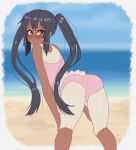  1girl absurdres ass beach black_hair blush brown_eyes casual_one-piece_swimsuit closed_mouth day eyebrows_visible_through_hair frilled_swimsuit frills from_behind hands_on_own_knees highres k-on! long_hair looking_at_viewer nakano_azusa one-piece_swimsuit outdoors pink_swimsuit smile solo swimsuit tan tanlines twintails young_savage 