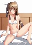  1girl amano_miyako barefoot bed bikini breasts brown_eyes brown_hair commentary_request cowboy_shot fumizuki_(kancolle) kantai_collection long_hair looking_at_viewer open_mouth ponytail sitting small_breasts solo spread_legs swimsuit white_bikini 