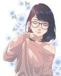  1girl bangs black_hair blue_flower brown_sweater closed_eyes doni_cahyono eyebrows_visible_through_hair flower glasses hair_behind_ear indonesian_commentary leaning_to_the_side medium_hair off_shoulder original smile solo sweater white_background 