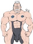  1boy abs areolae ass_visible_through_thighs bara beard black_bodysuit bodysuit boro_(naruto) boruto:_naruto_next_generations bulge facial_hair feet_out_of_frame flaccid highres kirupi large_pectorals looking_at_viewer male_focus mature_male muscular muscular_male mustache naruto_(series) navel no_nipples old old_man pectorals penis revealing_clothes short_hair smile solo stomach thick_thighs thighs uncensored unfinished 