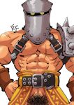  1boy abs armor bara chest_belt chrono_cross helmet highres kirupi large_pectorals looking_at_viewer male_focus male_pubic_hair muscular muscular_male navel navel_hair out-of-frame_censoring pauldrons pectoral_cleavage pectorals pelvic_curtain pubic_hair scar scar_on_chest shoulder_armor single_pauldron solo stomach veins zoah 