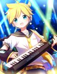  1boy absurdres bass_clef blonde_hair blue_eyes child concert haruame_kinako headgear headphones highres instrument kagamine_len keyboard_(instrument) keytar light_rays looking_at_viewer midriff midriff_peek necktie open_mouth sailor_collar synthesizer vocaloid 