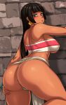  1girl absurdres ass ass_grab back bangs black_eyes black_hair blunt_bangs breasts chel_(the_road_to_el_dorado) covered_nipples dark-skinned_female dark_skin earrings grabbing_own_ass highres jewelry jmg large_breasts long_hair looking_at_viewer parted_lips pelvic_curtain shoulder_blades sideboob signature simple_background solo standing straight_hair strapless the_road_to_el_dorado thick_thighs thighs tube_top 