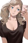  1girl bangs black_shirt blonde_hair blue_eyes breasts cellphone cleavage collarbone hair_ornament hairclip highres j@ck large_breasts long_hair looking_to_the_side parted_lips persona persona_5 phone selfie shirt short_sleeves smile solo swept_bangs takamaki_anne twintails 