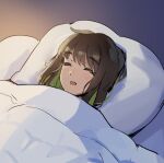  1girl blush brown_hair closed_eyes colored_inner_hair miru_(ormille) multicolored_hair open_mouth original ormille pillow sleeping solo under_covers 