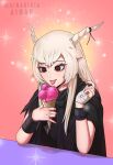  1girl :p ainar arknights blonde_hair breasts brown_eyes eating eyebrows_visible_through_hair food happy highres holding holding_food horns ice_cream large_breasts long_hair md5_mismatch pink_background pointy_ears self_upload shining_(arknights) sidelocks simple_background solo tongue tongue_out white_hair 