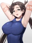  1girl absurdres armpits arms_behind_head arms_up bare_shoulders blue_swimsuit breasts brown_eyes brown_hair collarbone facial_mark fate/grand_order fate_(series) forehead forehead_mark highres higofushi himiko_(fate) large_breasts long_hair looking_at_viewer one-piece_swimsuit open_mouth smile solo swimsuit topknot twintails 