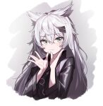  1girl absurdres animal_ear_fluff animal_ears arknights bangs beudelb black_jacket closed_mouth commentary eyebrows_visible_through_hair fang grey_eyes grey_hair hair_between_eyes hair_ornament hairclip hands_up highres jacket korean_commentary lappland_(arknights) long_hair looking_at_viewer scar scar_across_eye skin_fang smile solo upper_body white_background wolf_ears 
