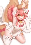  1girl animal_ear_fluff animal_ears animal_hands apron armpits arms_up bell breasts cat_hair_ornament cat_paws collar fate/grand_order fate_(series) fox_ears fox_girl fox_tail gloves hair_ornament highres horokusa_(korai) large_breasts naked_apron neck_bell paw_gloves paw_shoes pink_hair ponytail single_thighhigh solo tail tamamo_(fate) tamamo_cat_(fate) thighhighs white_apron white_legwear yellow_eyes 