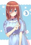  1girl bangs blue_background blue_dress blue_eyes blush brown_hair commentary_request dress go-toubun_no_hanayome hair_between_eyes hair_ornament highres looking_at_viewer middle_w nail_polish nakano_miku ooyunomii shy simple_background smile solo two-tone_background upper_body w 