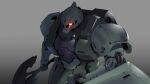  absurdres axe clenched_hand grey_background gundam highres holding holding_axe mecha mobile_suit mobile_suit_gundam no_humans one-eyed red_eyes science_fiction shield solo zaku_i zeon zhu_fun 