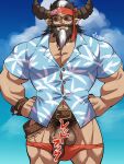  1boy bara beard black_hair bulge bursting_pectorals clothing_aside dark-skinned_male dark_skin draph erection facial_hair feet_out_of_frame granblue_fantasy hawaiian_shirt headband highres horns kirupi large_pectorals leather_belt long_beard male_focus male_swimwear mature_male medium_hair midriff_peek multicolored_hair muscular muscular_male mustache navel_hair official_alternate_costume orange_male_swimwear pectoral_cleavage pectorals pointy_ears redluck rope shirt solo sunglasses swim_briefs swimsuit swimsuit_aside text_censor thick_thighs thighs two-tone_hair white_hair 