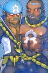  2boys abs anchor_necklace archie_(pokemon) bara beard black_hair blue_bandana blue_bodysuit blush bodysuit bulge bulge_press bulges_touching buzz_cut dark-skinned_male dark_skin erection erection_under_clothes facial_hair feet_out_of_frame large_pectorals long_sleeves male_focus matt_(pokemon) mature_male multiple_boys muscular muscular_male mustache nipples pectorals pokemon pokemon_(game) pokemon_oras short_hair sideburns smile stomach topless_male torn_bodysuit torn_clothes very_short_hair wetsuit yaoi yunosuke 