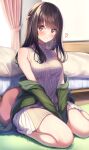  1girl amagi_shino bed black_legwear blush brown_eyes brown_hair carpet commentary_request curtains day heart highres indoors long_hair looking_at_viewer original pillow signature sitting smile socks solo wariza window 