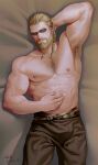  1boy abs arm_behind_head armpit_hair armpits bara beard blonde_hair braid braided_beard brown_pants check_copyright chest_hair commission copyright_request dakimakura_(medium) facial_hair feet_out_of_frame highres large_pectorals leather long_hair looking_at_viewer lying male_focus mature_male muscular muscular_male nipples on_back original pants pectorals saolin_(wudangx) single_braid smile solo topless_male 