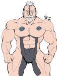  1boy abs ass_visible_through_thighs bara beard black_bodysuit bodysuit boro_(naruto) boruto:_naruto_next_generations bulge facial_hair feet_out_of_frame highres kirupi large_pectorals looking_at_viewer male_focus mature_male muscular muscular_male mustache naruto_(series) navel no_nipples old old_man pectorals revealing_clothes short_hair smile solo stomach thick_thighs thighs unfinished 