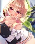  1girl :d animal bangs bare_shoulders blonde_hair blush bow bow_panties breasts cleavage collarbone commentary_request dog eyebrows_visible_through_hair frilled_panties frilled_pillow frills hair_between_eyes hair_over_shoulder indoors long_hair low_twintails medium_breasts no_pants off_shoulder original panties pillow red_eyes sazaki_ichiri shirt smile solo twintails underwear white_panties white_shirt 